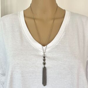 Tassel Necklace Faux Marcasite Rhinestone Pendant Silver Tone Chain 28in